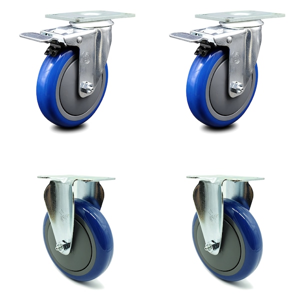 5 Inch Blue Polyurethane Swivel Top Plate Caster Lock Brakes 2 Rigid SCC, 2PK